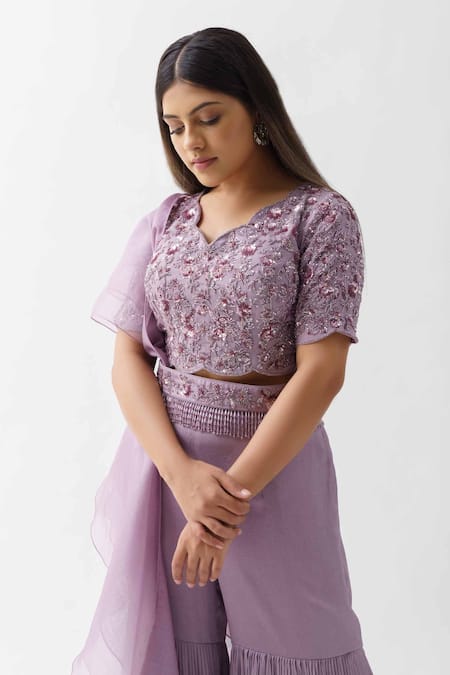 Shop Suruchi Parakh Purple Georgette Crepe And Soft Organza Lining Shantoon Crop Top & Sharara Set Online at Aza Fashions Shop_Suruchi Parakh_Purple Georgette Crepe And Soft Organza Lining Shantoon Crop Top & Sharara Set_Online_at_Aza_Fashions