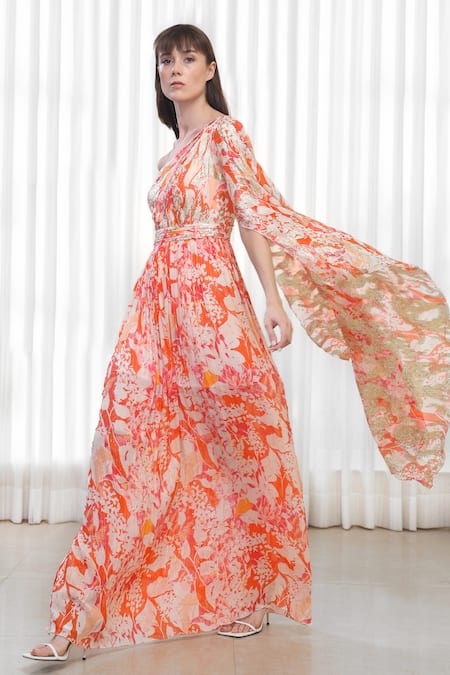 Buy_Mandira Wirk Resort_Orange Georgette, Lurex Asymmetric Maple Leaves Print One Shoulder Dress _Online_at_Aza_Fashions