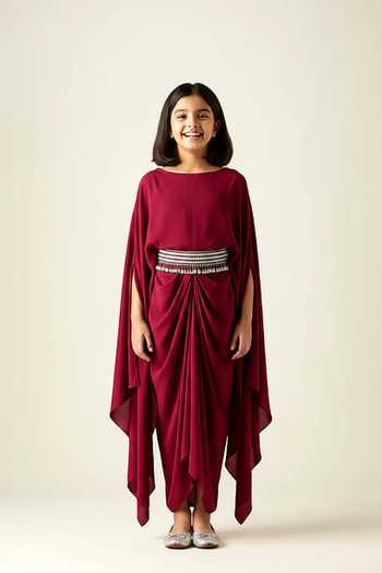 Aakaar Draped Gown With Embellished Belt For Kids