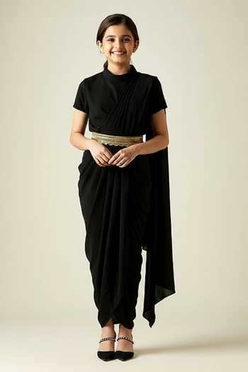 Aakaar Pleated Draped Saree Dress With Belt For Kids