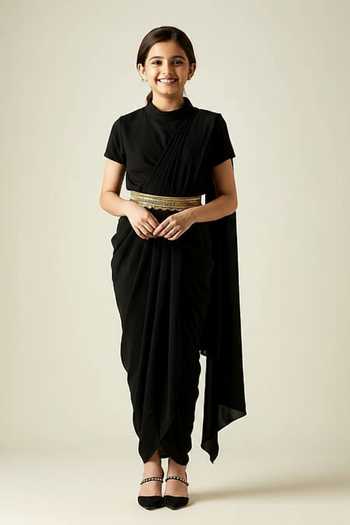 Aakaar Pleated Draped Saree Dress With Belt For Kids
