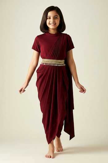 Aakaar Pleated Draped Saree Dress With Belt For Kids