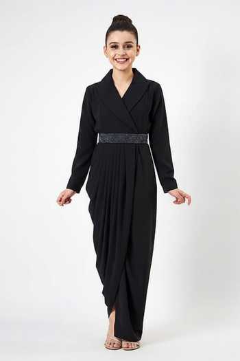 Aakaar Notched Collar Draped Gown With Belt Set For Kids
