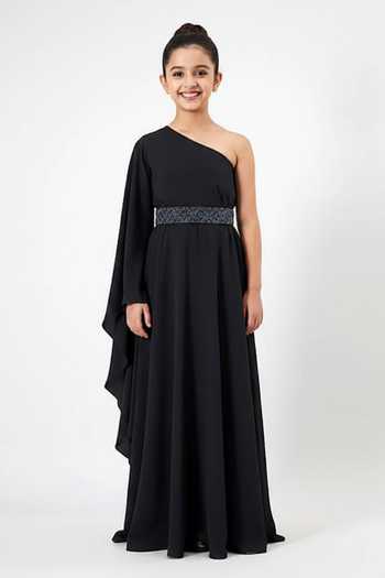 Aakaar One Shoulder Gown & Embroidered Crystal Belt Set For Kids