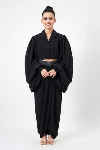 Aakaar Plain Draped Skirt Set With Crystal Belt For Kids