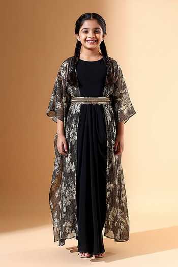 Aakaar X AZA Floral Pattern Textured Cape Dress Set For Kids