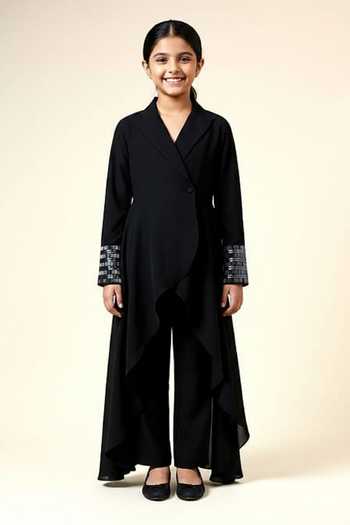 Aakaar Metallic Embroidered Asymmetric Blazer With Pant For Kids