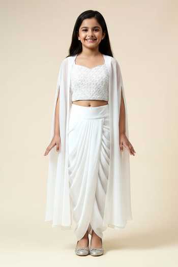 Aakaar Pearl Embroidered Blouse Draped Skirt Set For Kids