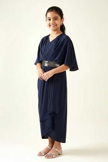 Aakaar Midnight Pleat Draped Dress With Metallic Belt For Kids