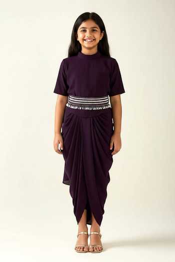 Aakaar Solid Saree Style Draped Dress With Pearl Embroidered Belt For Kids