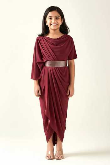 Aakaar Cowl Neck Draped Dress With Metallic Belt For Kids