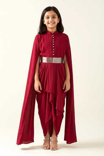 Aakaar Armour Style Draped Dress With Metallic Belt For Kids