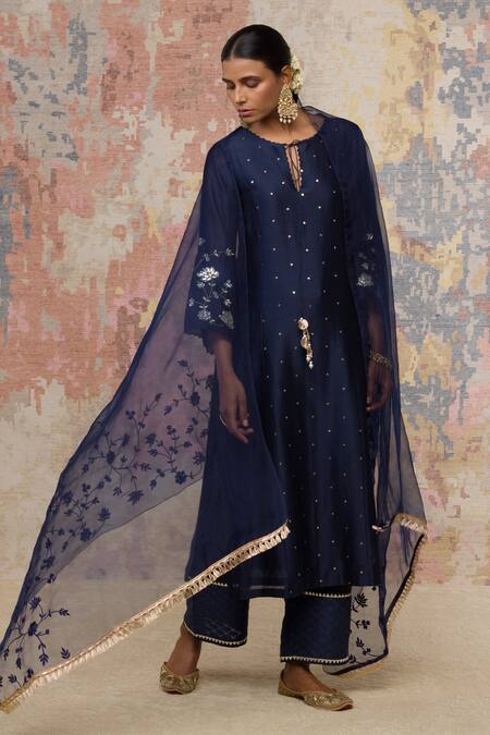 Devnaagri_Blue Chanderi Kurta Set_Online_at_Aza_Fashions