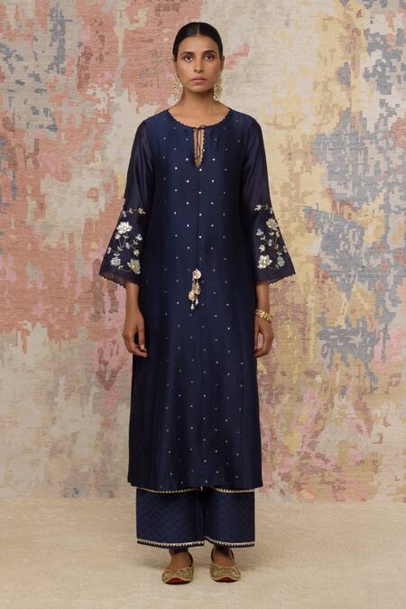 Shop_Devnaagri_Blue Chanderi Kurta Set_Online_at_Aza_Fashions
