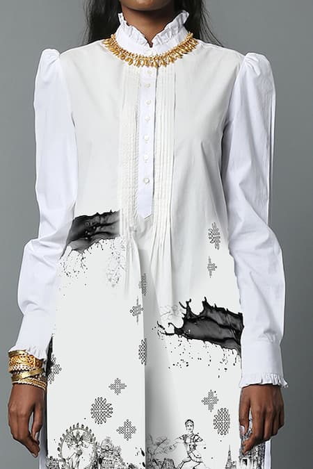 House Of Three White Cotton Poplin Line Art Mandarin Collar Tamil Nadu Kurta Online at Aza Fashions House Of Three_White Cotton Poplin Line Art Mandarin Collar Tamil Nadu Kurta _Online_at_Aza_Fashions