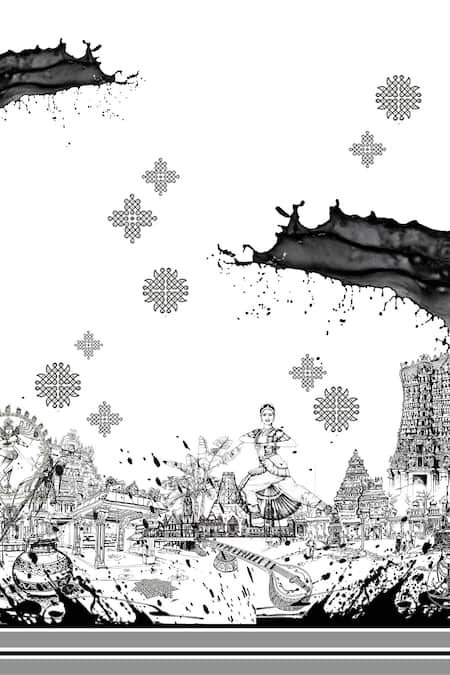 Buy House Of Three White Cotton Poplin Line Art Mandarin Collar Tamil Nadu Kurta Online at Aza Fashions Buy_House Of Three_White Cotton Poplin Line Art Mandarin Collar Tamil Nadu Kurta _Online_at_Aza_Fashions