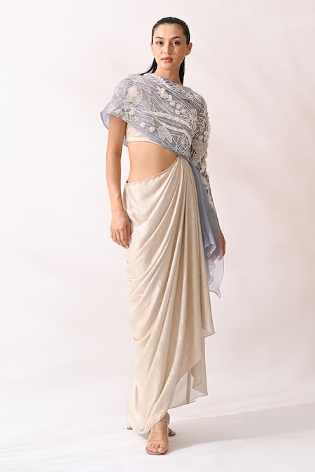 Buy PIRI INDIA Ivory Organza, Silk Embroidery High Neck Hand And Draped Cowl Gown Online at Aza Fashions Buy_PIRI INDIA_Ivory Organza, Silk Embroidery High Neck Hand And Draped Cowl Gown _Online_at_Aza_Fashions