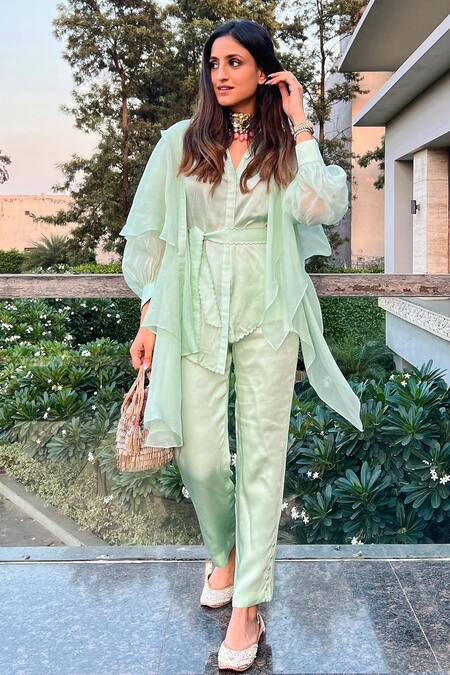 Buy_Garima Bindal_Green Silk, Modal Collared Solid Shirt Straight Pant Set _Online_at_Aza_Fashions