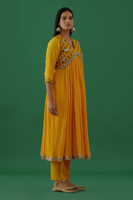 Buy_5elements_Yellow Cotton, Silk, Chiffon Brooches, Gota Patti, Embellished Anarkali Set _Online_at_Aza_Fashions