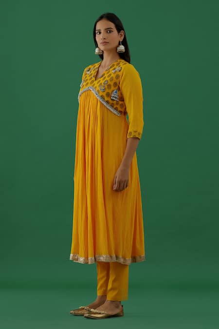 5elements_Yellow Cotton, Silk, Chiffon Brooches, Gota Patti, Embellished Anarkali Set _Online_at_Aza_Fashions