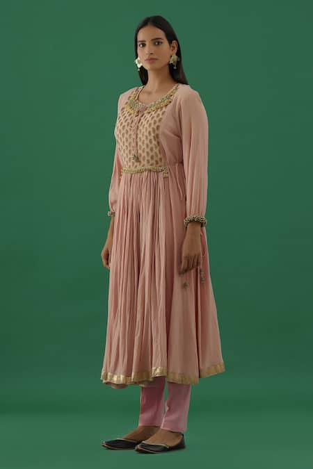 5elements Pink 100% Cotton With Silk Brocade Yoke Metal Peacock Anarkali Set Online at Aza Fashions 5elements_Pink 100% Cotton With Silk Brocade Yoke Metal Peacock Anarkali Set _Online_at_Aza_Fashions