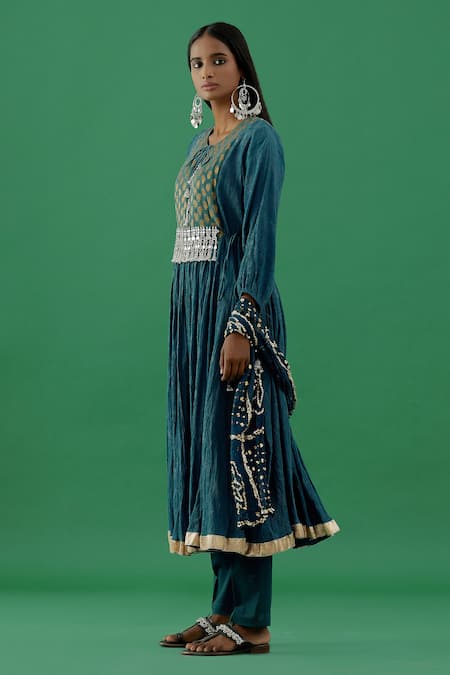 5elements Blue 100% Cotton With Silk Brocade Yoke Paisley Woven Anarkali Set Online at Aza Fashions 5elements_Blue 100% Cotton With Silk Brocade Yoke Paisley Woven Anarkali Set _Online_at_Aza_Fashions