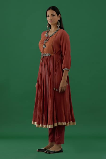 5elements_Brown 100% Cotton With Silk Brocade Yoke Ghungroo Neckline Anarkali Set _Online_at_Aza_Fashions