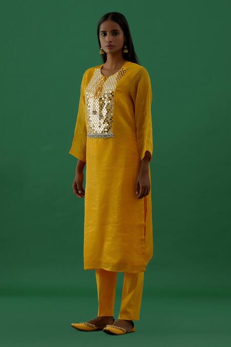 5elements Yellow Chanderi Silk Tissue Embellishment Mirror And Ghungroo Round Kurta Set Online at Aza Fashions 5elements_Yellow Chanderi Silk Tissue Embellishment Mirror And Ghungroo Round Kurta Set _Online_at_Aza_Fashions