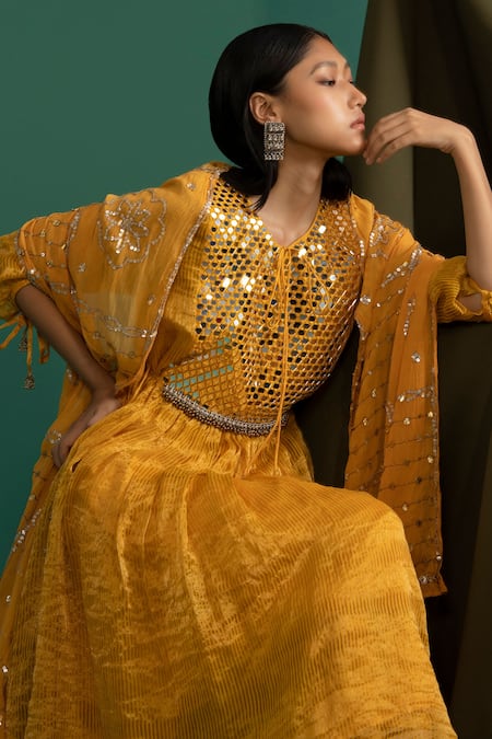 5elements_Yellow Chanderi Silk Tissue Embellishment Mirror And Stripe Pattern Anarkali Set _Online_at_Aza_Fashions