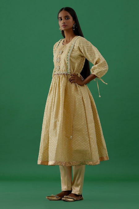 5elements Gold 100% Silk Embellishment Brooch Round Checkered Pattern Anarkali And Pant Set Online at Aza Fashions 5elements_Gold 100% Silk Embellishment Brooch Round Checkered Pattern Anarkali And Pant Set _Online_at_Aza_Fashions