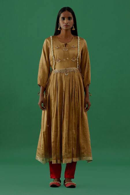 5elements_Gold Silk Tissue Embroidered Bead Keyhole Work Anarkali Pant Set _Online_at_Aza_Fashions