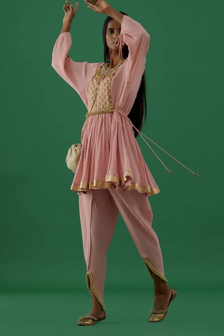 5elements_Pink 100% Cotton With Silk Brocade Yoke Crushed Anarkali And Dhoti Pant Set _Online_at_Aza_Fashions