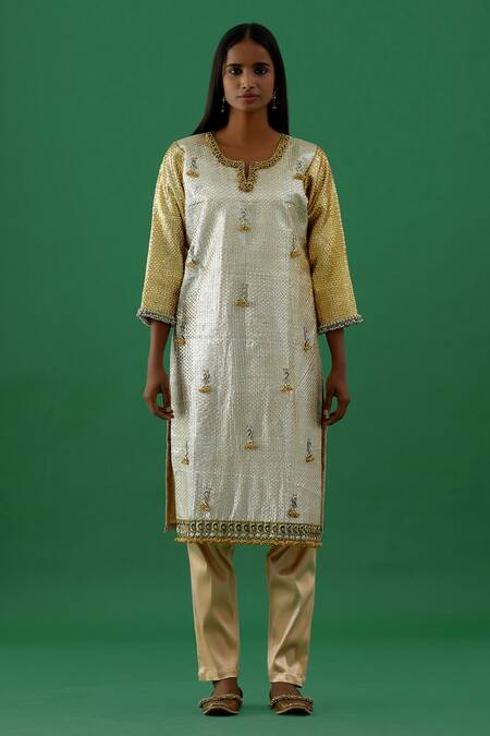 5elements Gold Silk Placement Embroidery Beads Notched Neck Textured Kurta With Pant Online at Aza Fashions 5elements_Gold Silk Placement Embroidery Beads Notched Neck Textured Kurta With Pant _Online_at_Aza_Fashions