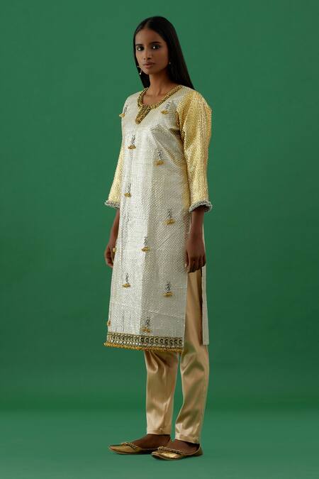 Buy 5elements Gold Silk Placement Embroidery Beads Notched Neck Textured Kurta With Pant Online at Aza Fashions Buy_5elements_Gold Silk Placement Embroidery Beads Notched Neck Textured Kurta With Pant _Online_at_Aza_Fashions