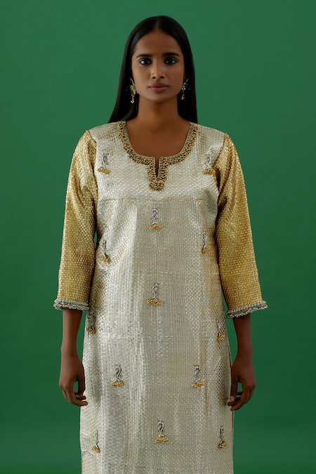 Shop 5elements Gold Silk Placement Embroidery Beads Notched Neck Textured Kurta With Pant Online at Aza Fashions Shop_5elements_Gold Silk Placement Embroidery Beads Notched Neck Textured Kurta With Pant _Online_at_Aza_Fashions