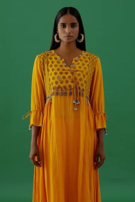 Shop_5elements_Yellow Cotton Placement Embroidery Cresent Moon Silk Brocade Yoke Anarkali Set _Online_at_Aza_Fashions