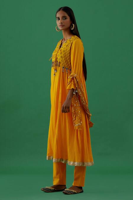 5elements_Yellow Cotton Placement Embroidery Cresent Moon Silk Brocade Yoke Anarkali Set _Online_at_Aza_Fashions