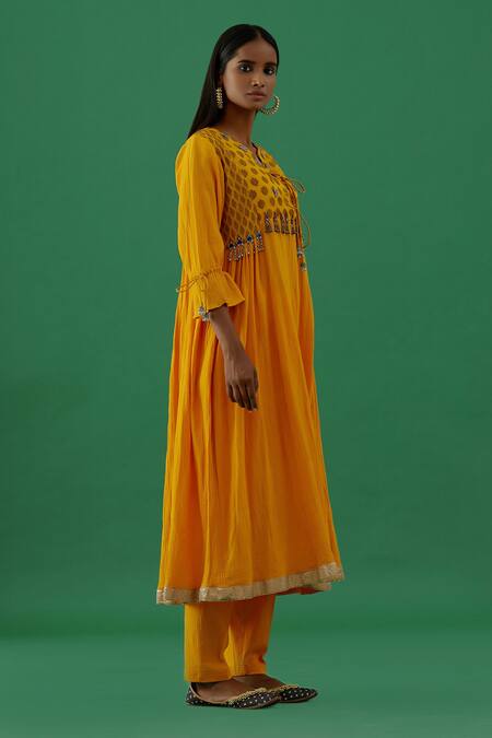 Buy_5elements_Yellow Cotton Placement Embroidery Cresent Moon Silk Brocade Yoke Anarkali Set _Online_at_Aza_Fashions