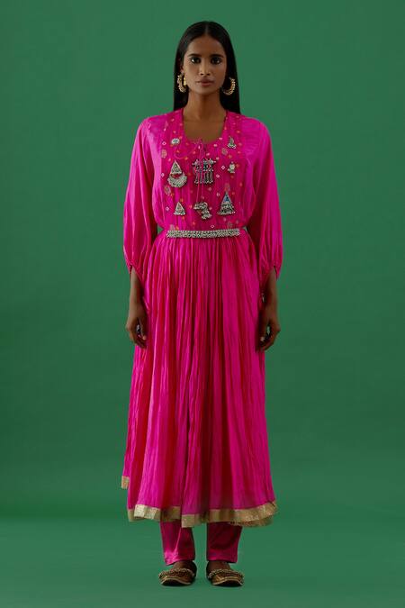 Shop 5elements Pink Silk Embroidery Silver Ornamentation Crescent Moon And Triangle Anarkali Set Online at Aza Fashions Shop_5elements_Pink Silk Embroidery Silver Ornamentation Crescent Moon And Triangle Anarkali Set _Online_at_Aza_Fashions