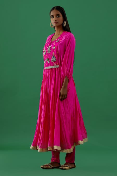 5elements Pink Silk Embroidery Silver Ornamentation Crescent Moon And Triangle Anarkali Set Online at Aza Fashions 5elements_Pink Silk Embroidery Silver Ornamentation Crescent Moon And Triangle Anarkali Set _Online_at_Aza_Fashions