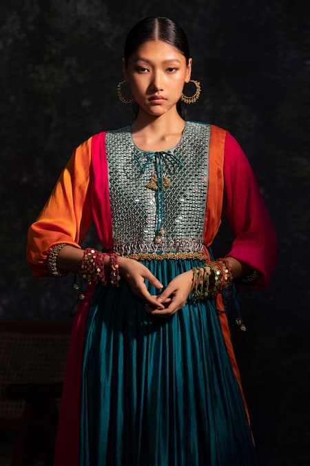 5elements Multi Color Viscose Embroidery Mirror Round Neck Block Anarkali With Pant Online at Aza Fashions 5elements_Multi Color Viscose Embroidery Mirror Round Neck Block Anarkali With Pant _Online_at_Aza_Fashions