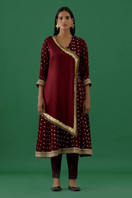 5elements Maroon Modal Satin Woven Bandhani V Neck Pattern Wrap Anarkali With Pant Online at Aza Fashions 5elements_Maroon Modal Satin Woven Bandhani V Neck Pattern Wrap Anarkali With Pant _Online_at_Aza_Fashions