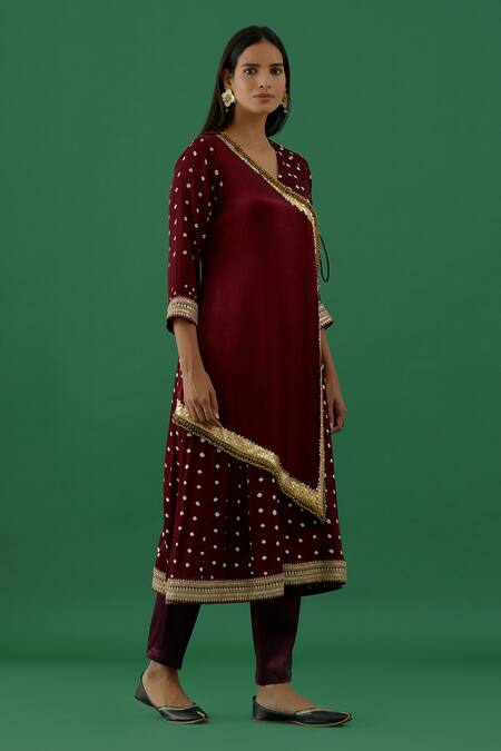 Buy 5elements Maroon Modal Satin Woven Bandhani V Neck Pattern Wrap Anarkali With Pant Online at Aza Fashions Buy_5elements_Maroon Modal Satin Woven Bandhani V Neck Pattern Wrap Anarkali With Pant _Online_at_Aza_Fashions