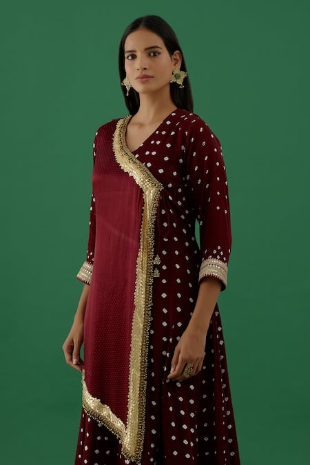 Shop 5elements Maroon Modal Satin Woven Bandhani V Neck Pattern Wrap Anarkali With Pant Online at Aza Fashions Shop_5elements_Maroon Modal Satin Woven Bandhani V Neck Pattern Wrap Anarkali With Pant _Online_at_Aza_Fashions