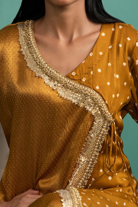 Shop 5elements Yellow Modal Satin Woven Bandhani V Neck Pattern Anarkali With Pant Online at Aza Fashions Shop_5elements_Yellow Modal Satin Woven Bandhani V Neck Pattern Anarkali With Pant _Online_at_Aza_Fashions