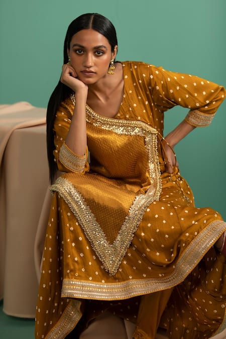 5elements Yellow Modal Satin Woven Bandhani V Neck Pattern Anarkali With Pant Online at Aza Fashions 5elements_Yellow Modal Satin Woven Bandhani V Neck Pattern Anarkali With Pant _Online_at_Aza_Fashions