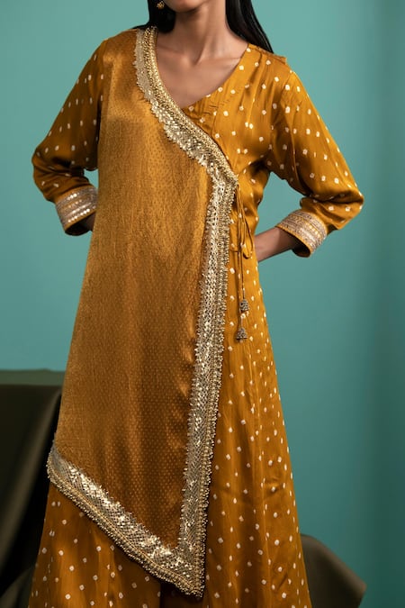 Buy 5elements Yellow Modal Satin Woven Bandhani V Neck Pattern Anarkali With Pant Online at Aza Fashions Buy_5elements_Yellow Modal Satin Woven Bandhani V Neck Pattern Anarkali With Pant _Online_at_Aza_Fashions