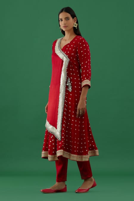 Shop 5elements Red Modal Satin Woven Bandhani V Neck Work Wrap Anarkali With Pant Online at Aza Fashions Shop_5elements_Red Modal Satin Woven Bandhani V Neck Work Wrap Anarkali With Pant _Online_at_Aza_Fashions