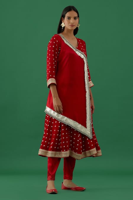 5elements Red Modal Satin Woven Bandhani V Neck Work Wrap Anarkali With Pant Online at Aza Fashions 5elements_Red Modal Satin Woven Bandhani V Neck Work Wrap Anarkali With Pant _Online_at_Aza_Fashions