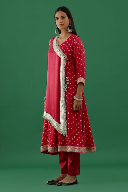 5elements Pink Modal Satin Woven Bandhani V Neck Pattern Anarkali Set With Pant Online at Aza Fashions 5elements_Pink Modal Satin Woven Bandhani V Neck Pattern Anarkali Set With Pant _Online_at_Aza_Fashions